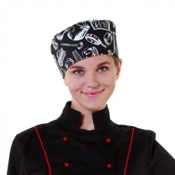 Купить шапочка повара таблетка поварёшки и кастрюли на чёрном фоне [00400] – цена от завода, доставка до двери | RuOborudovanie.ru